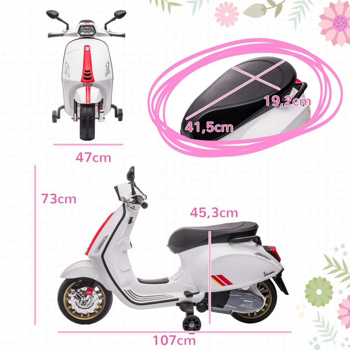 Children's electric motorcycle, 6V children's motorcycle with MP3, USB, FM radio, LED headlight, children's vehicle with training wheels, 3 km/h, for 3-6 years children, white