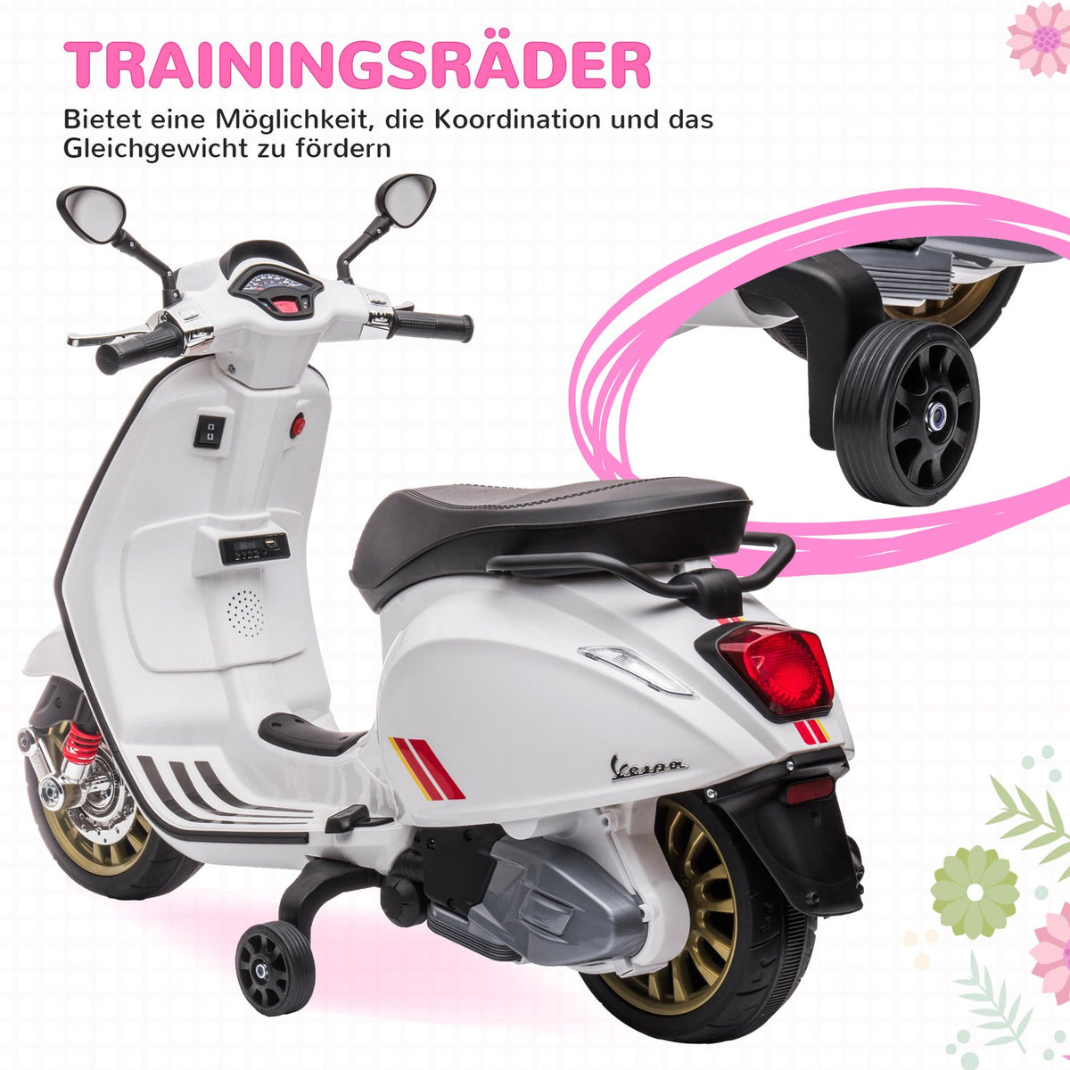 Children's electric motorcycle, 6V children's motorcycle with MP3, USB, FM radio, LED headlight, children's vehicle with training wheels, 3 km/h, for 3-6 years children, white