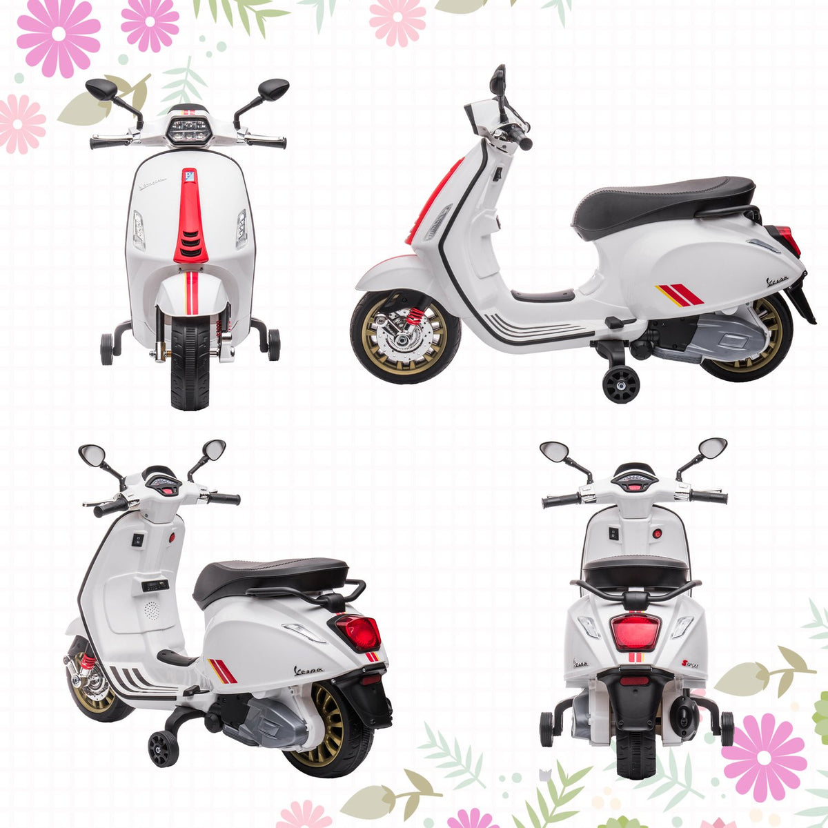 Children's electric motorcycle, 6V children's motorcycle with MP3, USB, FM radio, LED headlight, children's vehicle with training wheels, 3 km/h, for 3-6 years children, white