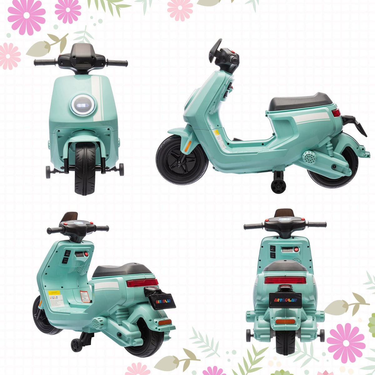 Children's electric motorcycle, 6V children's motorcycle with headlight, music, forward and reverse gear, training wheels, 1.5-3 km/h, electric motorcycle for 1.5-3 years children, green