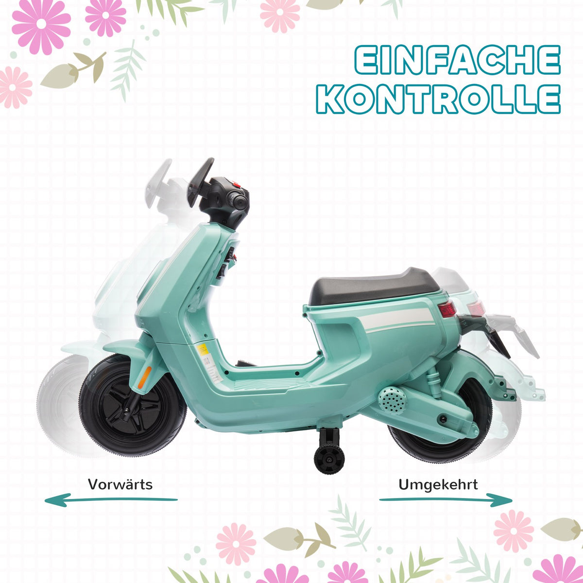 Children's electric motorcycle, 6V children's motorcycle with headlight, music, forward and reverse gear, training wheels, 1.5-3 km/h, electric motorcycle for 1.5-3 years children, green
