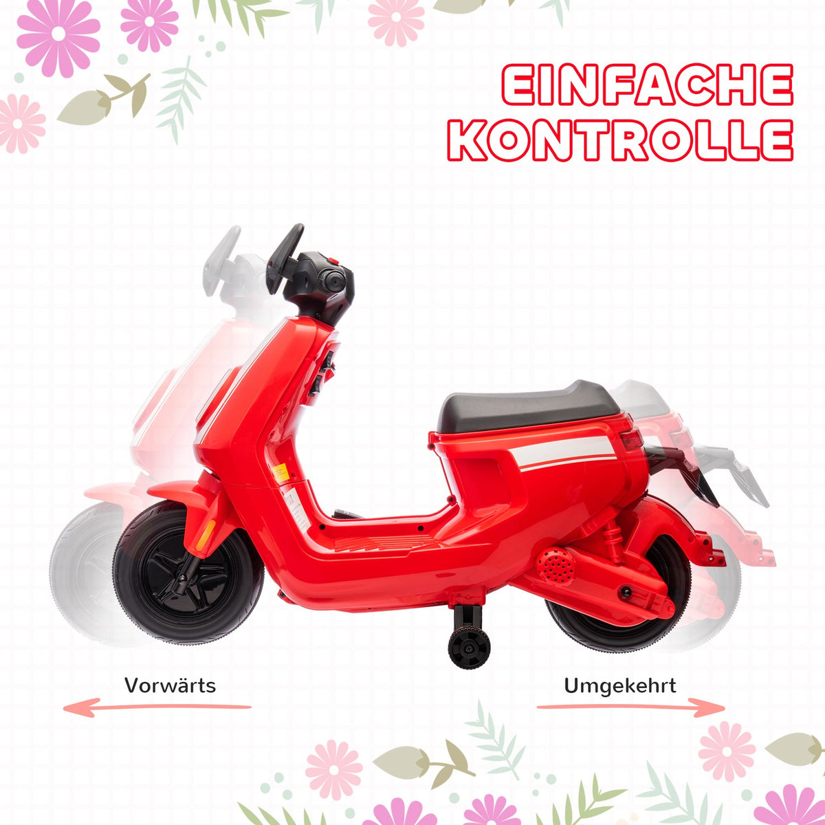 Children's electric motorcycle, 6V children's motorcycle with headlight, music, forward and reverse gear, training wheels, 1.5-3 km/h, electric motorcycle for 1.5-3 years children, red