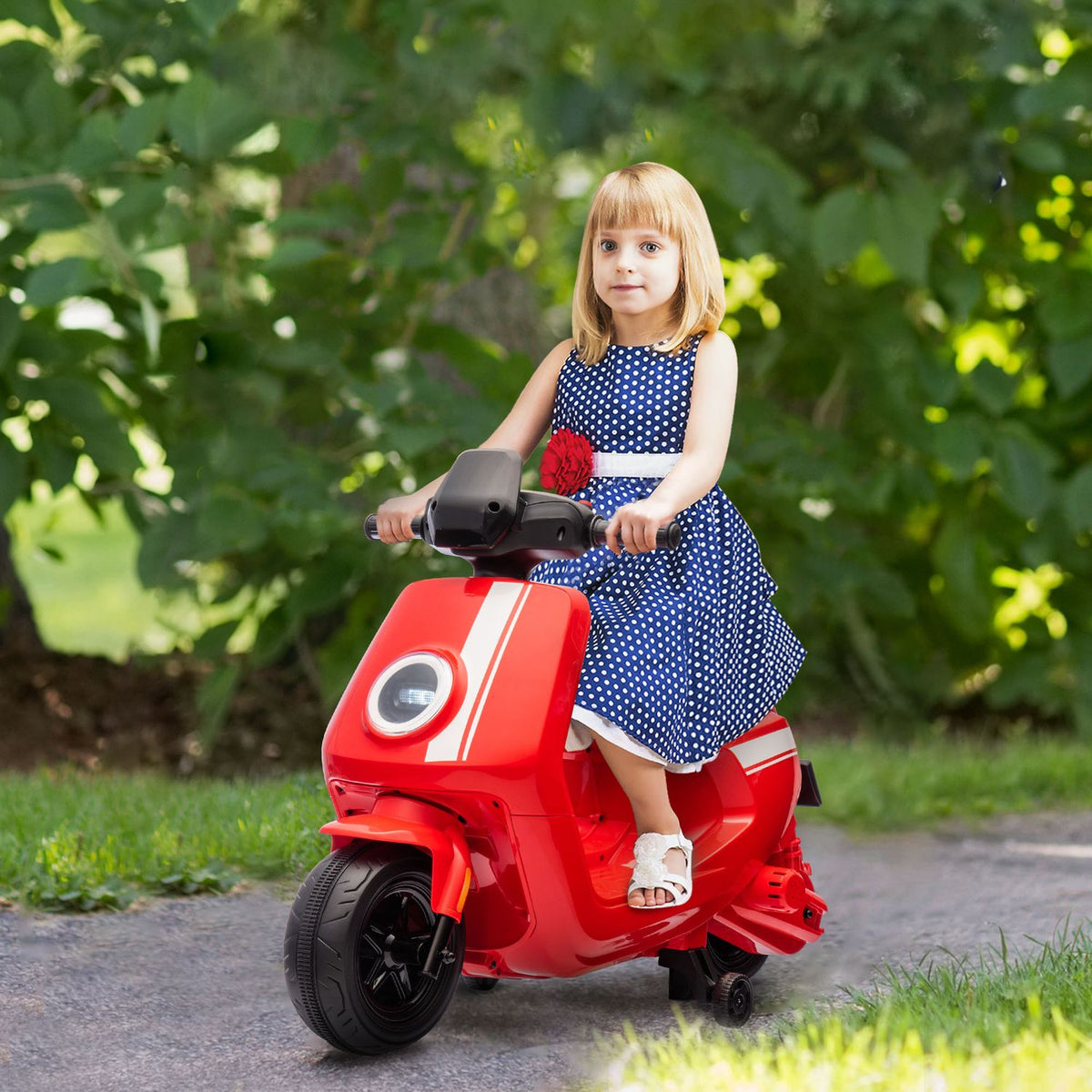 Children's electric motorcycle, 6V children's motorcycle with headlight, music, forward and reverse gear, training wheels, 1.5-3 km/h, electric motorcycle for 1.5-3 years children, red