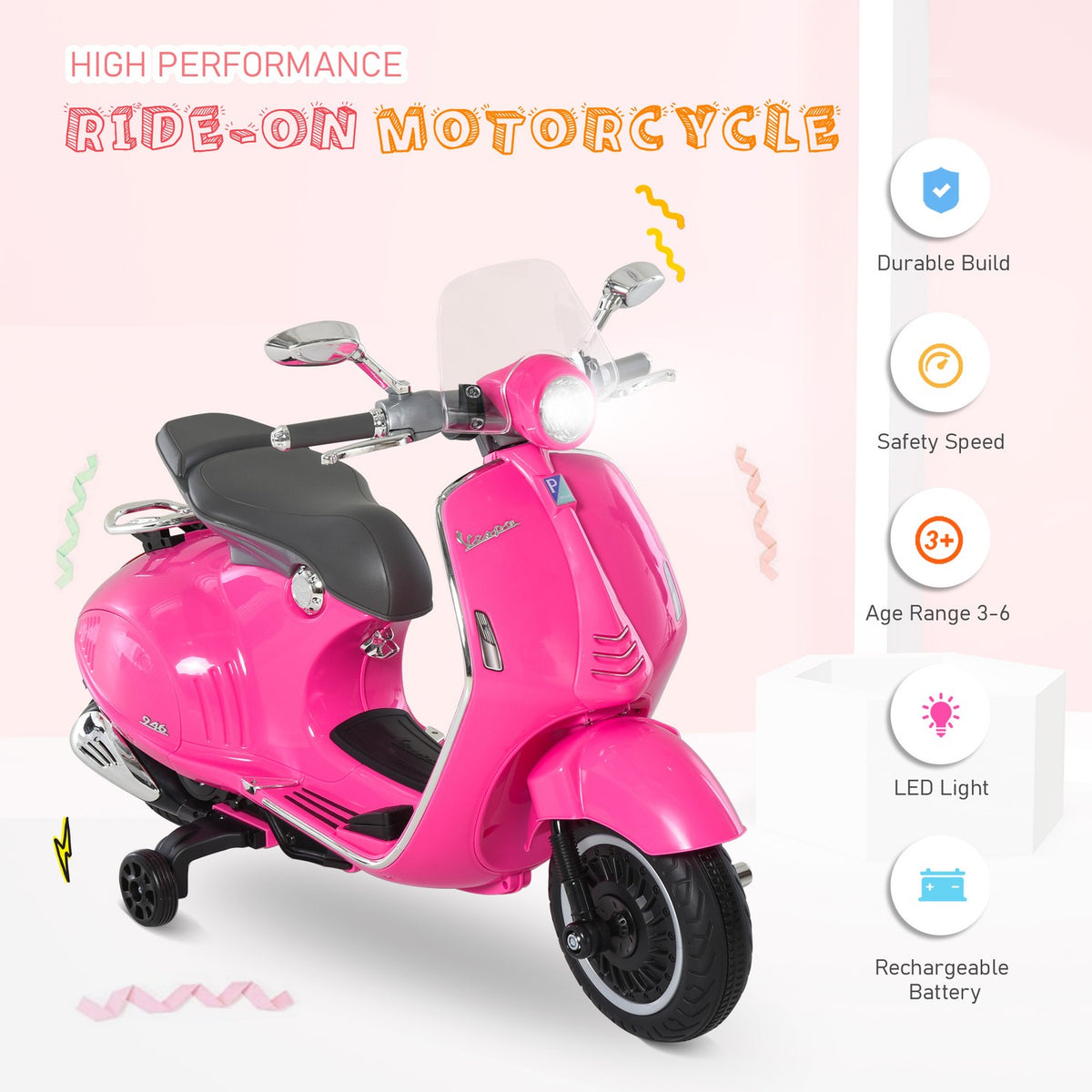 Children's electric motorcycle, 6V children's motorcycle with headlight, music, forward and reverse gear, training wheels, 30 kg load capacity, electric motorcycle for 3-6 years children, pink