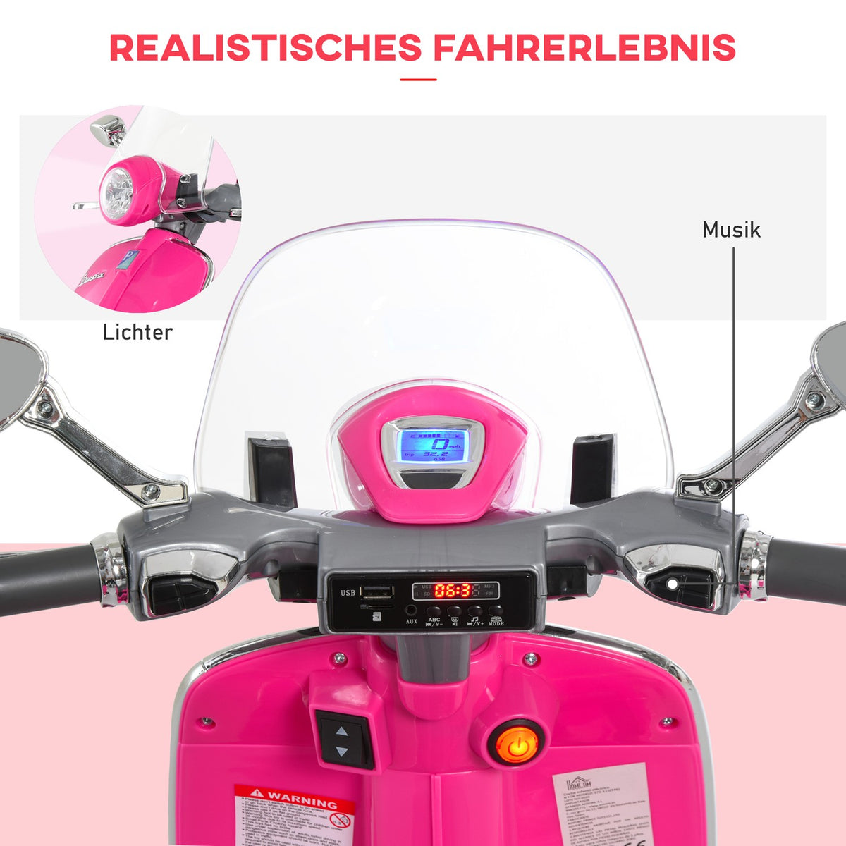 Children's electric motorcycle, 6V children's motorcycle with headlight, music, forward and reverse gear, training wheels, 30 kg load capacity, electric motorcycle for 3-6 years children, pink