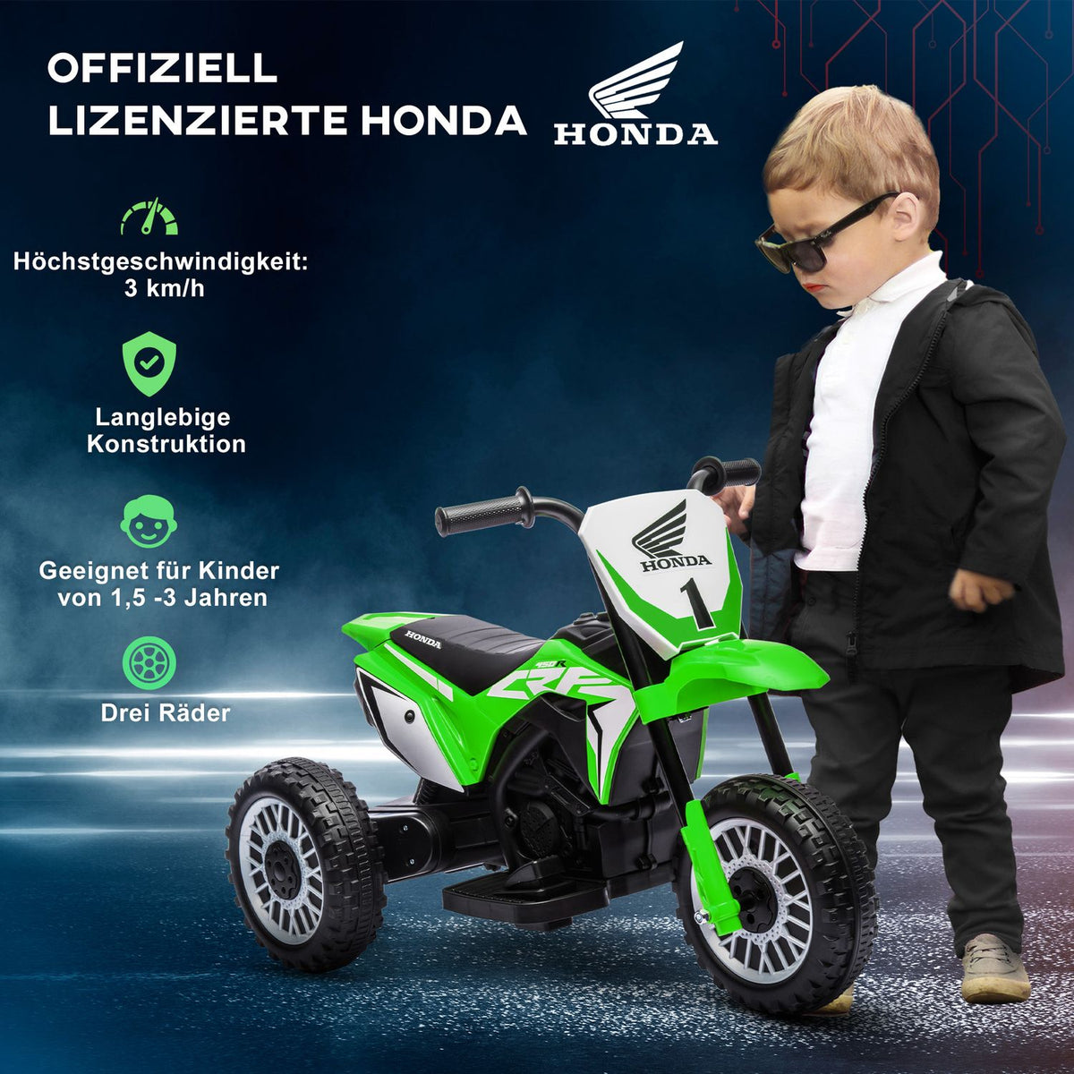 Children's electric motorcycle, 6V children's motorcycle with horn, startup music, children's vehicle, 3km/h, for 3-6 years, green
