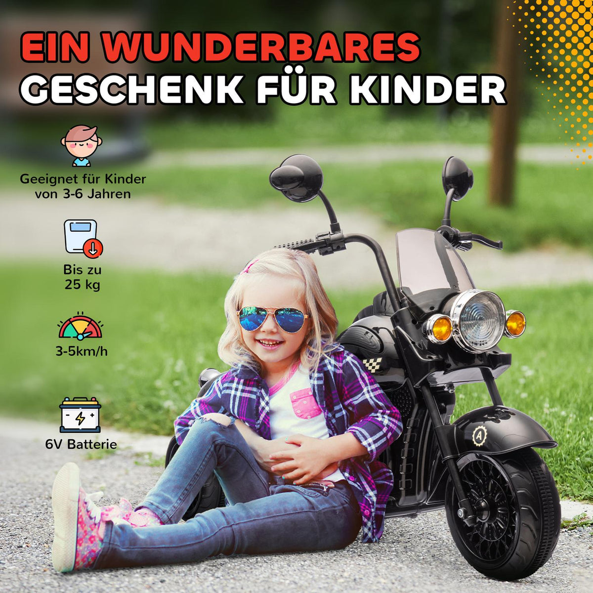 Children's electric motorcycle, 6V children's motorcycle with music, children's vehicle with LED headlight, 3-5 km/h, for 3-6 years children, max. 25 kg, black