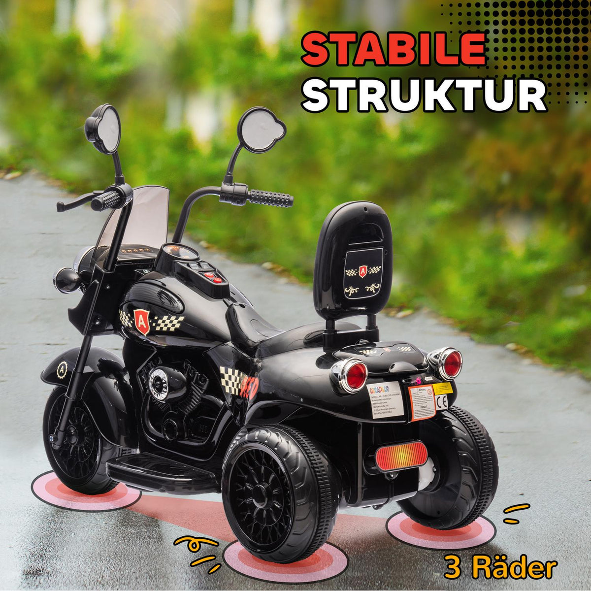 Children's electric motorcycle, 6V children's motorcycle with music, children's vehicle with LED headlight, 3-5 km/h, for 3-6 years children, max. 25 kg, black