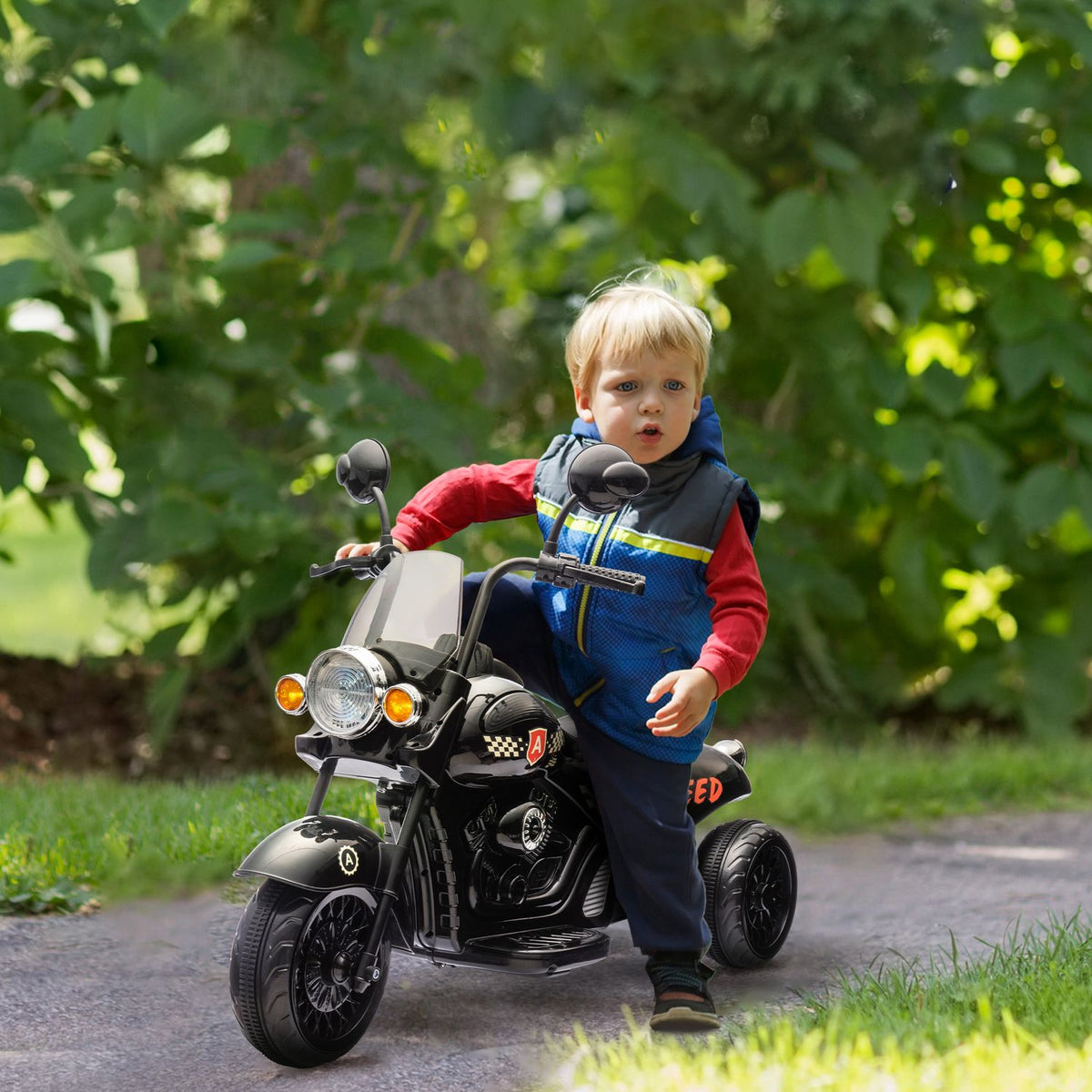 Children's electric motorcycle, 6V children's motorcycle with music, children's vehicle with LED headlight, 3-5 km/h, for 3-6 years children, max. 25 kg, black