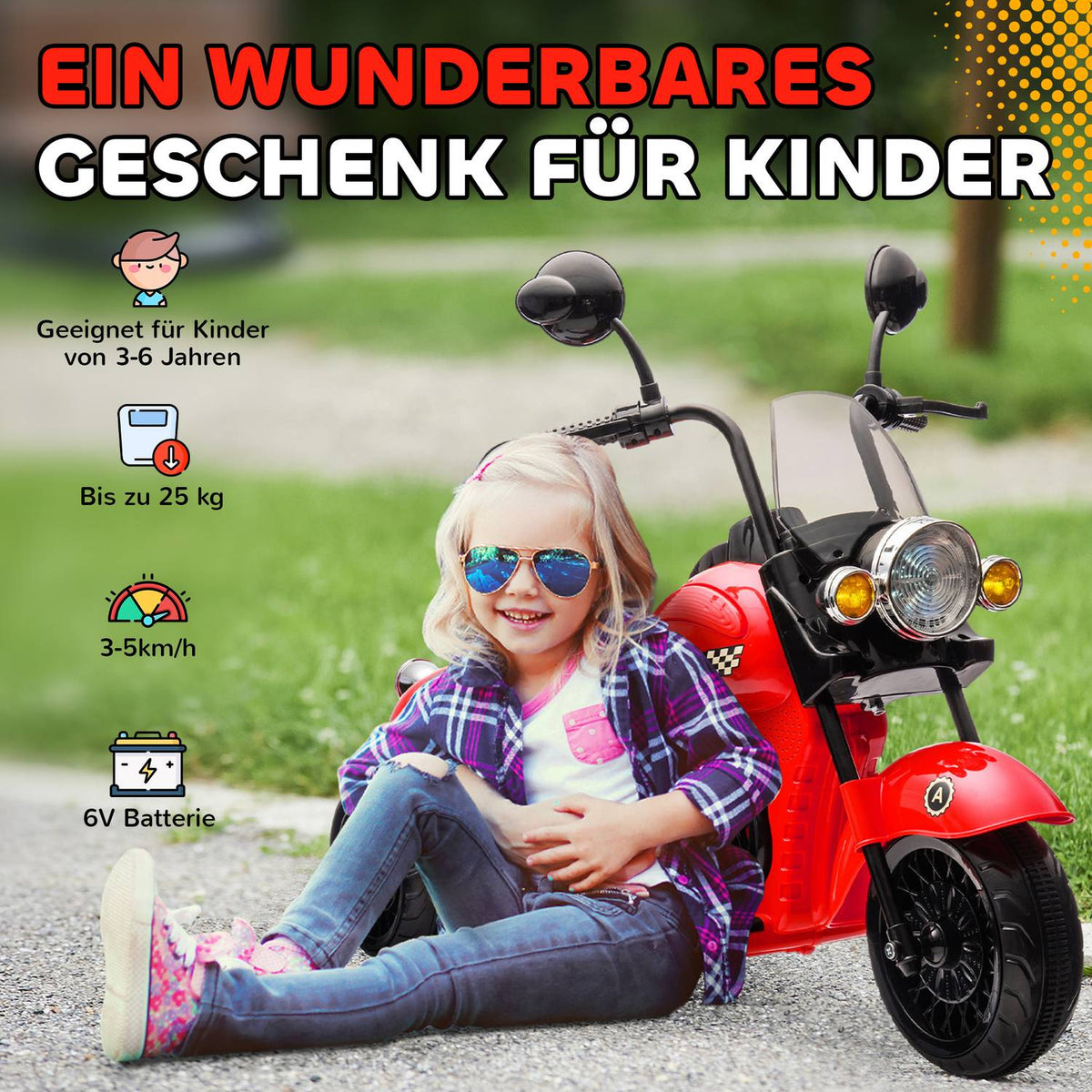 Children's electric motorcycle, 6V children's motorcycle with music, children's vehicle with LED headlight, 3-5 km/h, for 3-6 years children, max. 25 kg, red