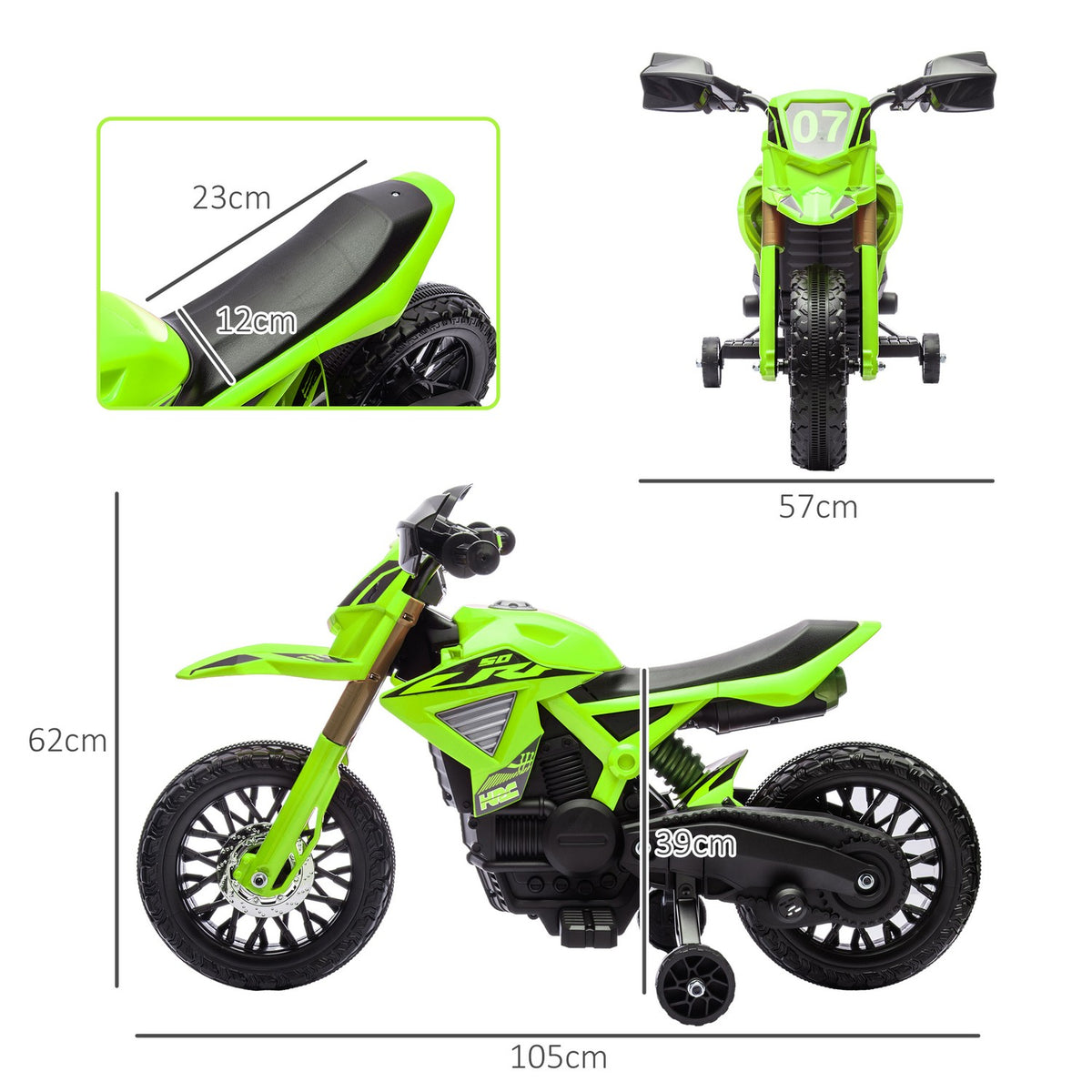 Children's electric motorcycle, 6V children's motorcycle with training wheels, children's vehicle with horn and starting sound, 3 km/h, for 3-8 years children, max. 30 kg, green