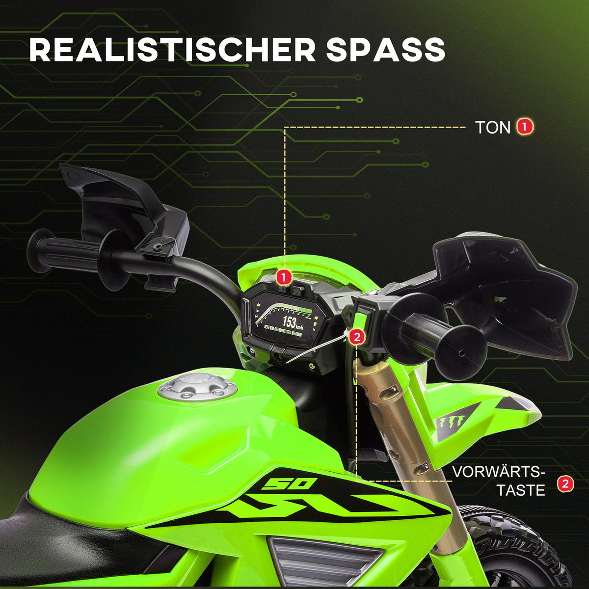 Children's electric motorcycle, 6V children's motorcycle with training wheels, children's vehicle with horn and starting sound, 3 km/h, for 3-8 years children, max. 30 kg, green