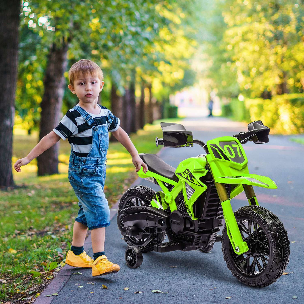 Children's electric motorcycle, 6V children's motorcycle with training wheels, children's vehicle with horn and starting sound, 3 km/h, for 3-8 years children, max. 30 kg, green