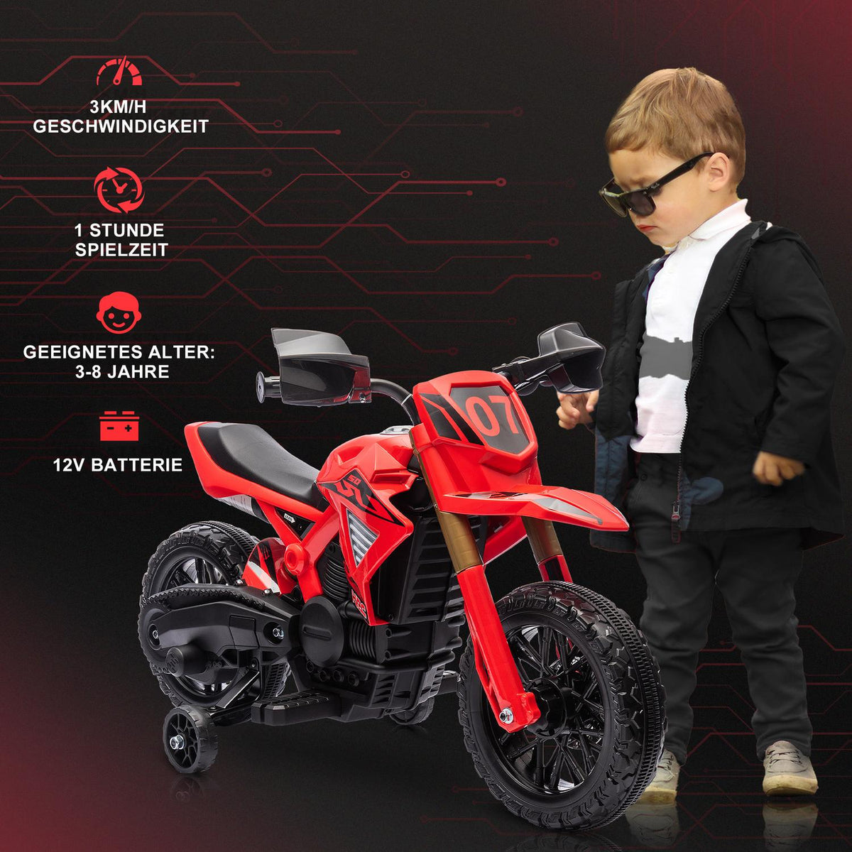 Children's electric motorcycle, 6V children's motorcycle with training wheels, children's vehicle with horn and starting sound, 3 km/h, for 3-8 years children, max. 30 kg, red