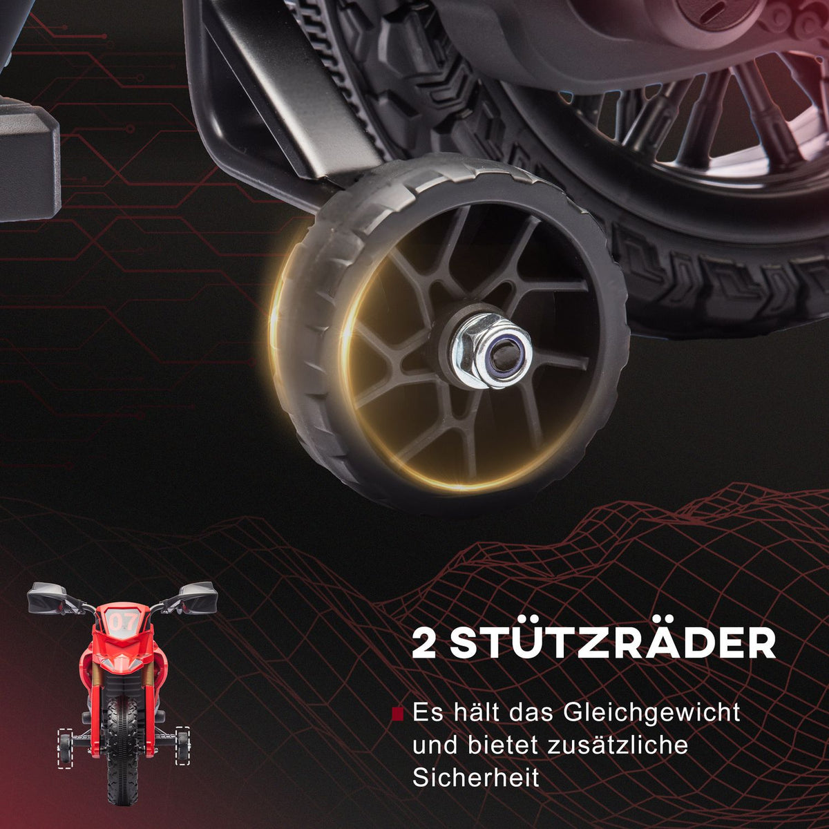Children's electric motorcycle, 6V children's motorcycle with training wheels, children's vehicle with horn and starting sound, 3 km/h, for 3-8 years children, max. 30 kg, red