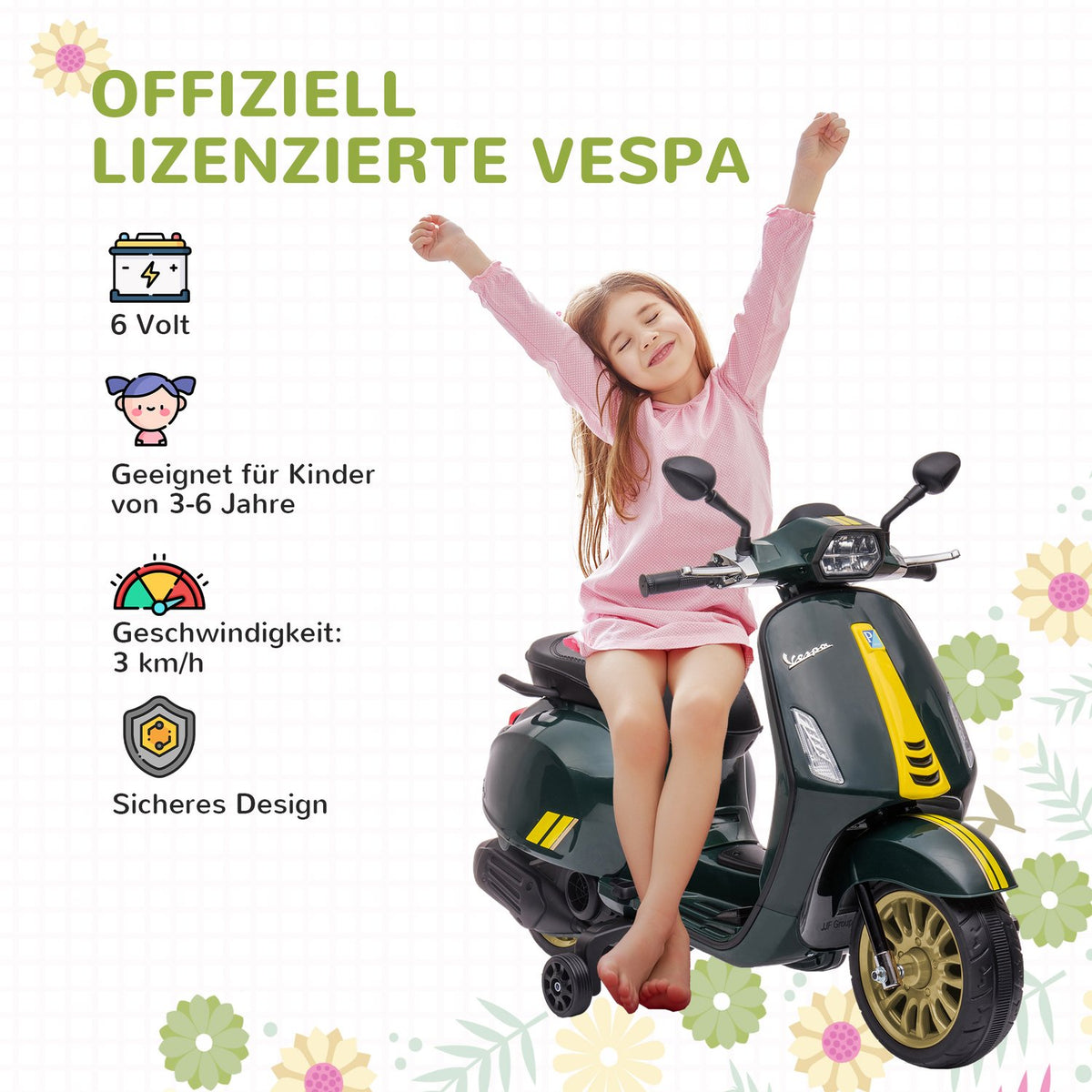 Children's electric motorcycle 6V with MP3 USB FM radio LED headlight training bikes 3 km/h for children 3-6 years dark green