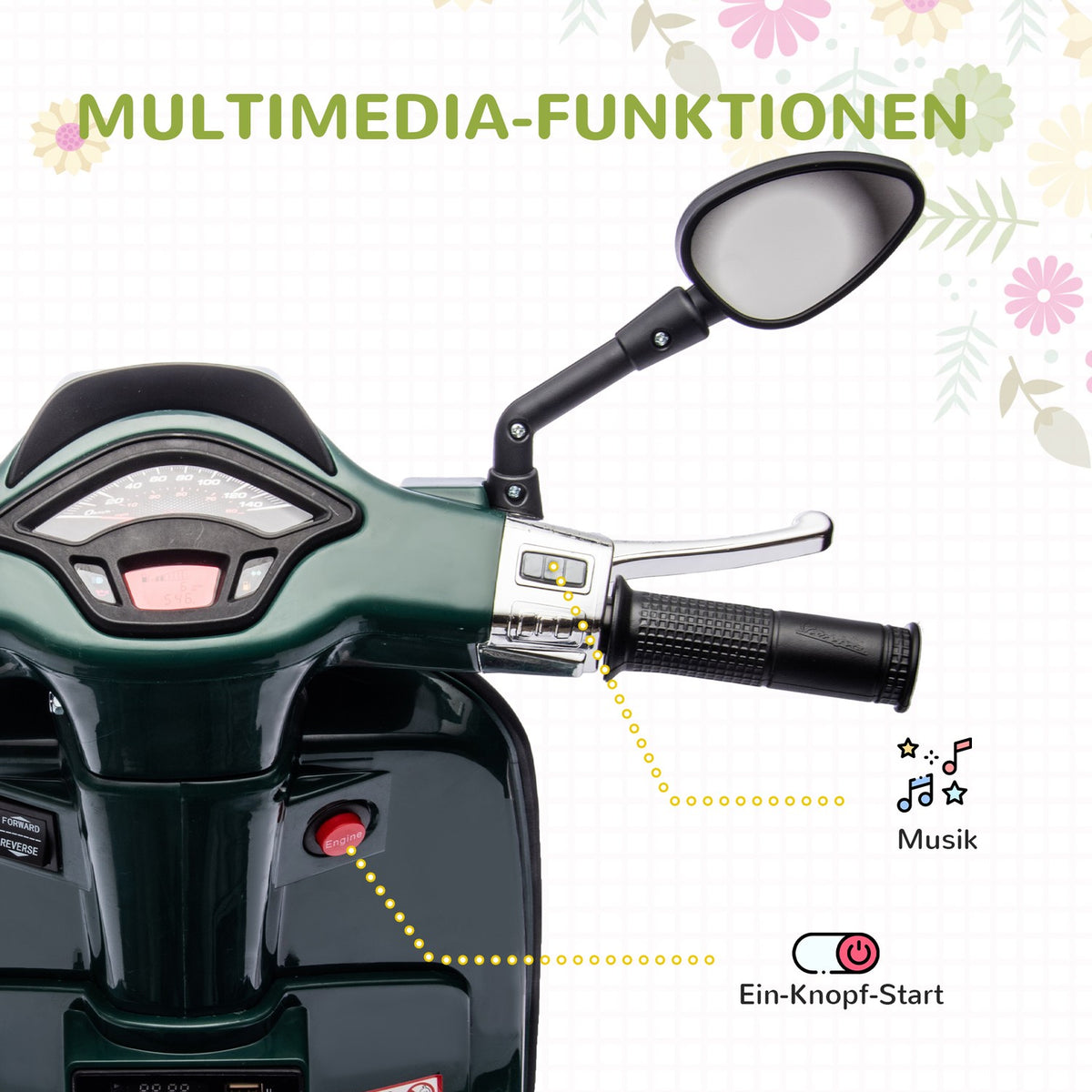 Children's electric motorcycle 6V with MP3 USB FM radio LED headlight training bikes 3 km/h for children 3-6 years dark green