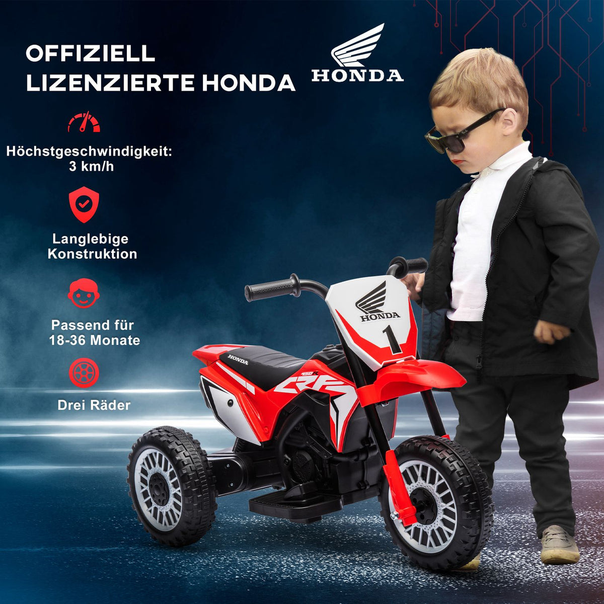 Children's electric motorcycle 6V with horn & startup music, children's vehicle for 1.5-3 years, 3km/h, red, safe driving fun