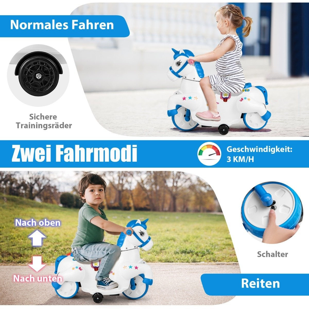 Children's electric motorcycle with music &amp; LED &amp; Electric motorcycle with training wheels for children aged 3 and over, blue