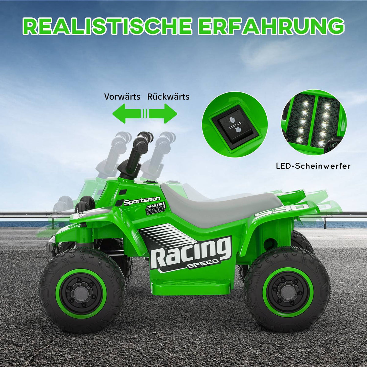 Children's electric quad electric children's quad with forward and reverse function, LED and horn electric car for 1.5-3 years children 3 km/h metal green