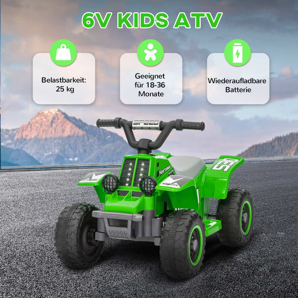 Children's electric quad electric children's quad with forward and reverse function, LED and horn electric car for 1.5-3 years children 3 km/h metal green