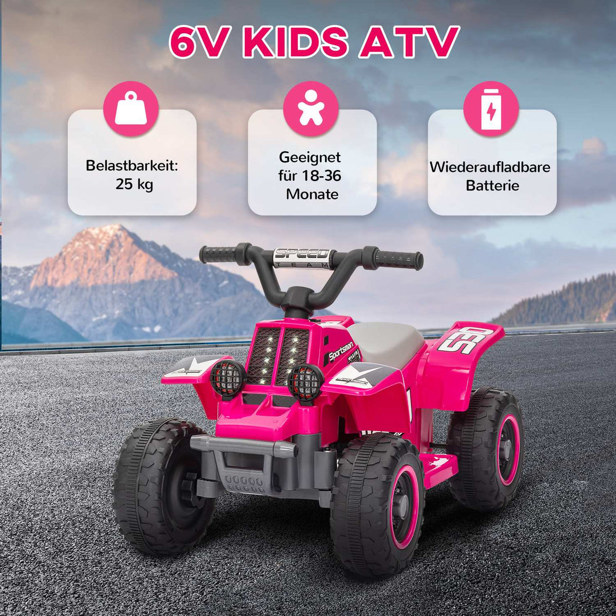 Children's electric quad electric children's quad with forward and reverse function, LED and horn electric car for 1.5-3 years children 3 km/h metal pink