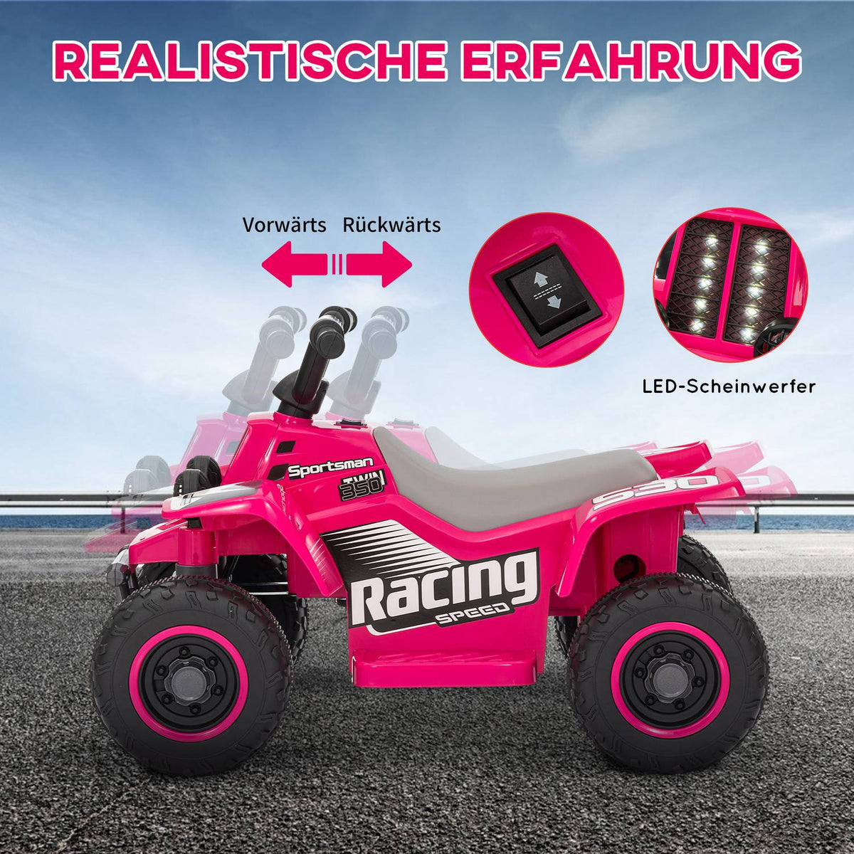 Children's electric quad electric children's quad with forward and reverse function, LED and horn electric car for 1.5-3 years children 3 km/h metal pink
