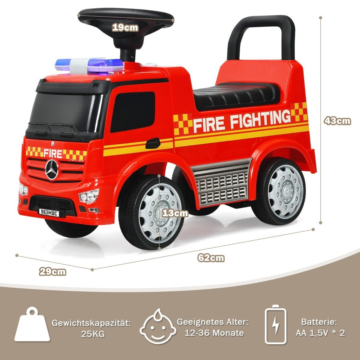 Children's fire engine licensed Mercedes Benz push car 62 x 29 x 43 cm red
