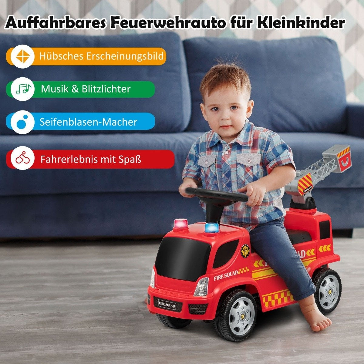 Children's fire engine with bubble gun & ladder for children aged 18-36 months red