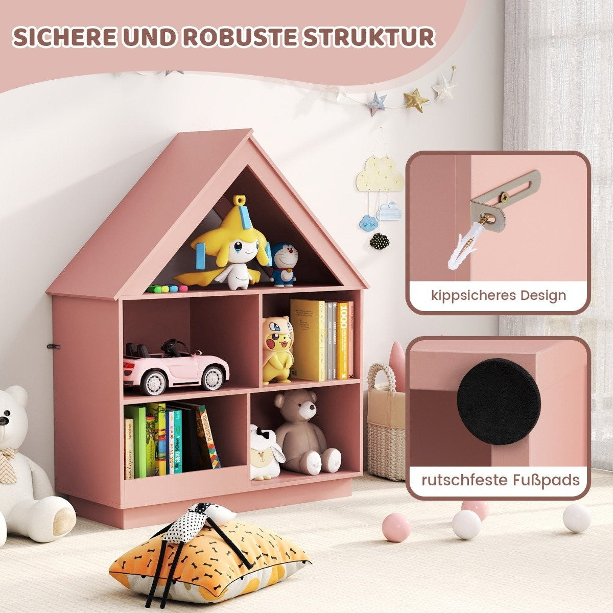 Children's house-shaped bookcase, wooden children's shelf with 5 compartments, 88 x 34 x 108 cm, pink