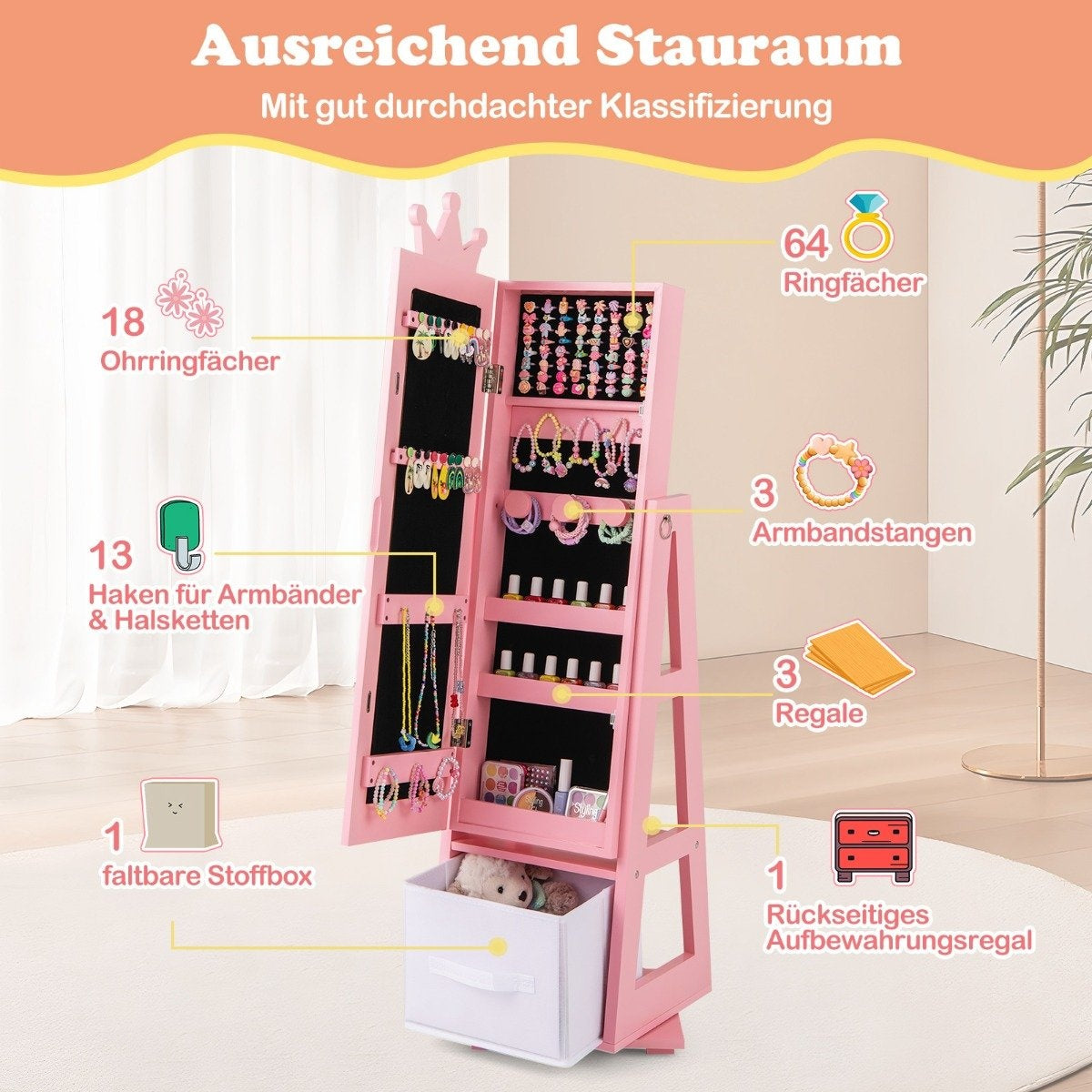 Children's jewelry cabinet 2 in 1 tilting mirror cabinet with full-length mirror 31.5 x 30 x 115 cm pink