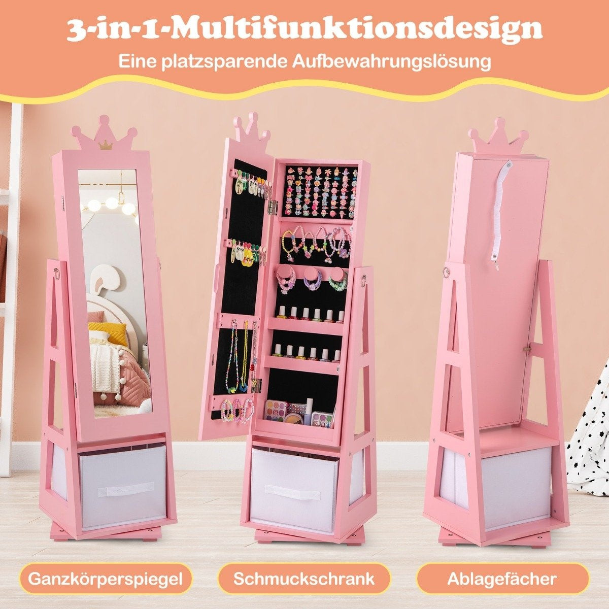 Children's jewelry cabinet 2 in 1 tilting mirror cabinet with full-length mirror 31.5 x 30 x 115 cm pink
