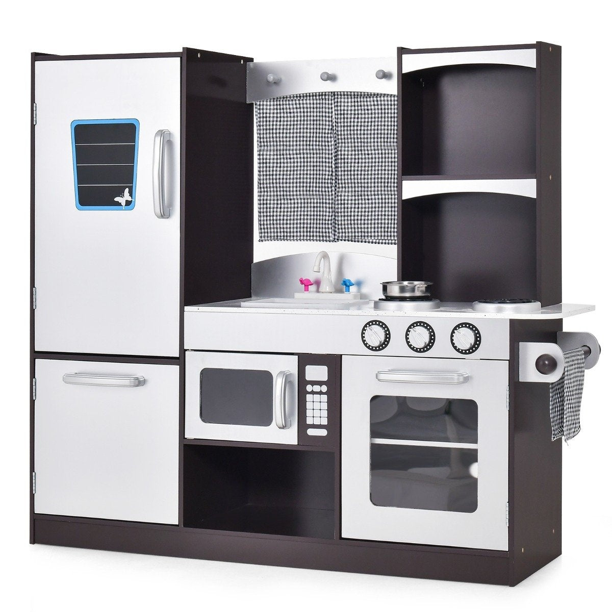 Children's kitchen made of wood, children's play kitchen with refrigerator and lots of storage space, 97 x 30 x 95 cm, brown