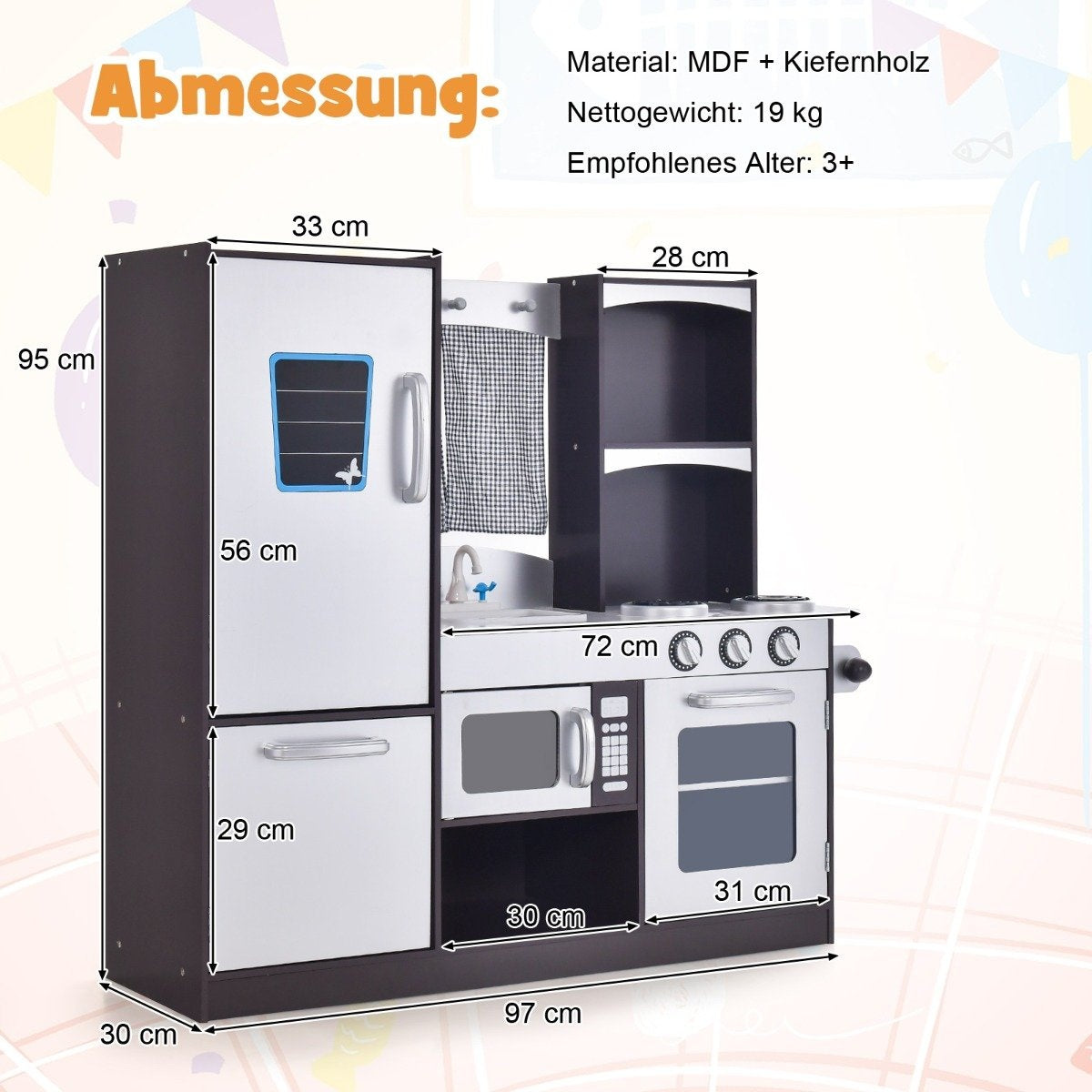 Children's kitchen made of wood, children's play kitchen with refrigerator and lots of storage space, 97 x 30 x 95 cm, brown