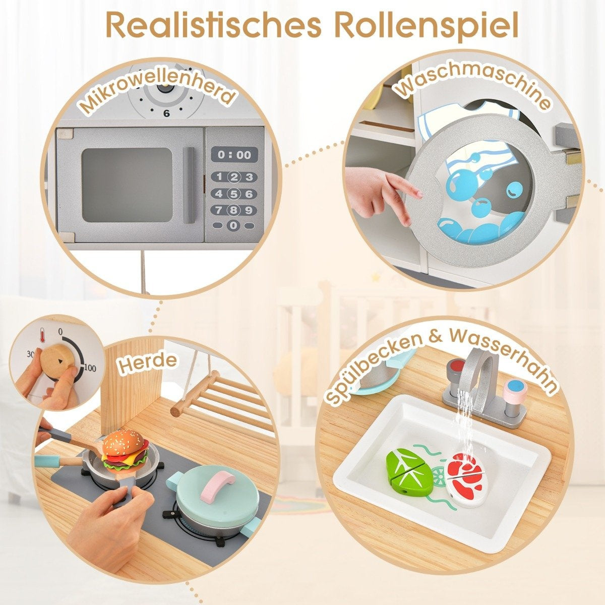 Children's kitchen made of wood including 17 accessories with microwave & washing machine & stoves white