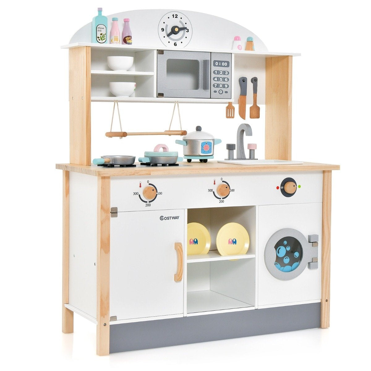 Children's kitchen made of wood including 17 accessories with microwave & washing machine & stoves white