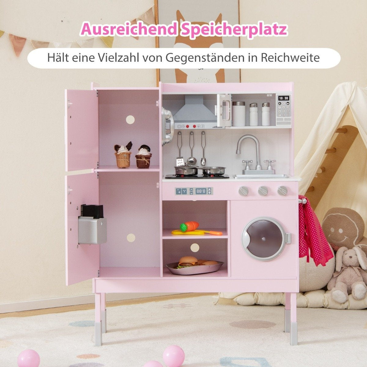 Children's kitchen made of wood with 16 play accessories for children aged 3 and over. 83 x 29 x 103 cm pink