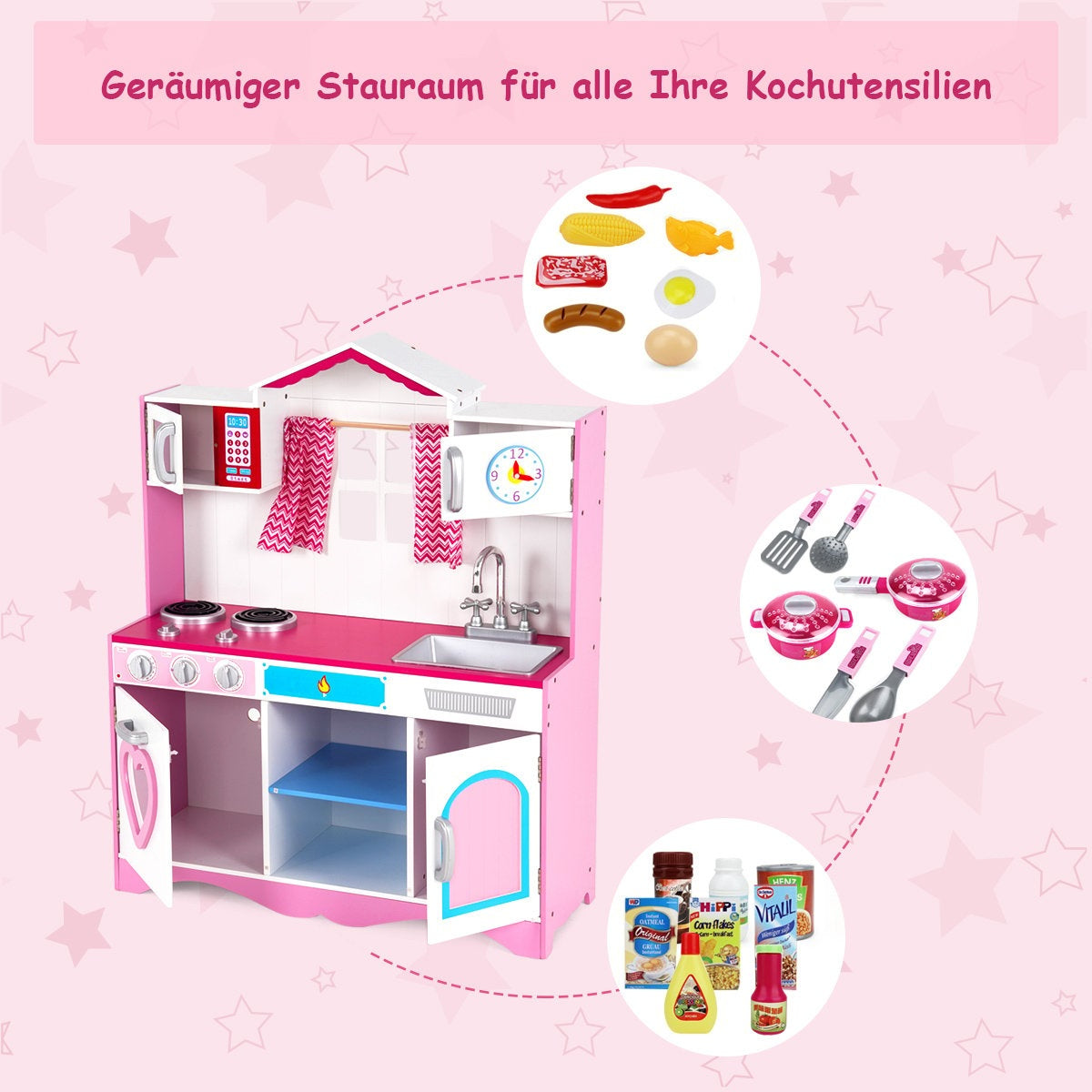 Children's kitchen play kitchen made of wood with removable sink microwave oven children's kitchen pink