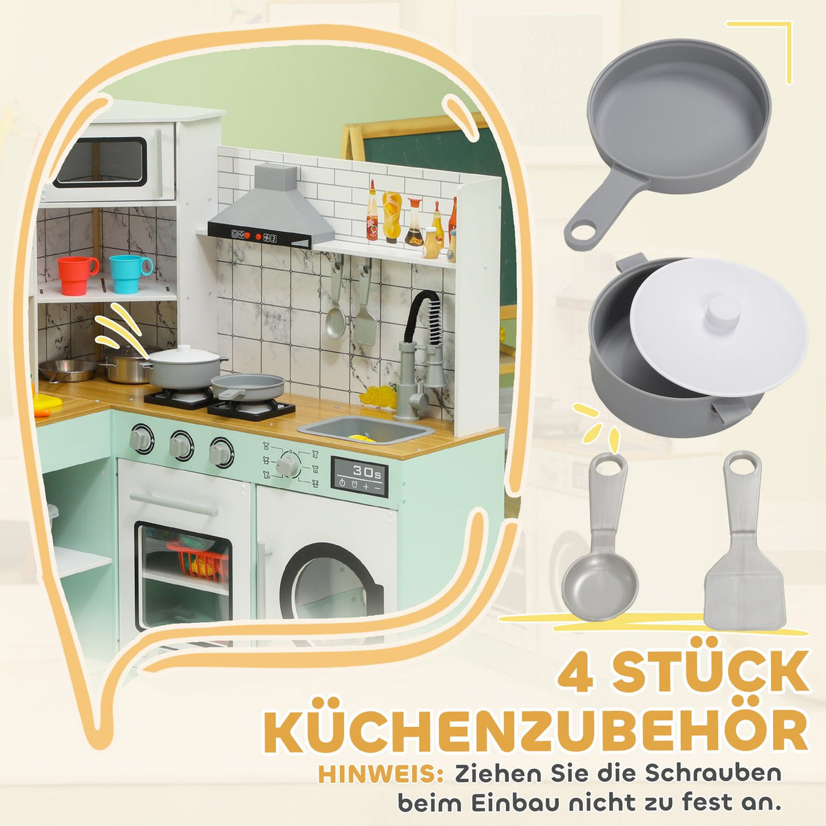 Children's kitchen, play kitchen with blackboard, extractor hood, ice maker, microwave, oven, refrigerator, realistic light and sound effects, kitchen utensils, from 3 years