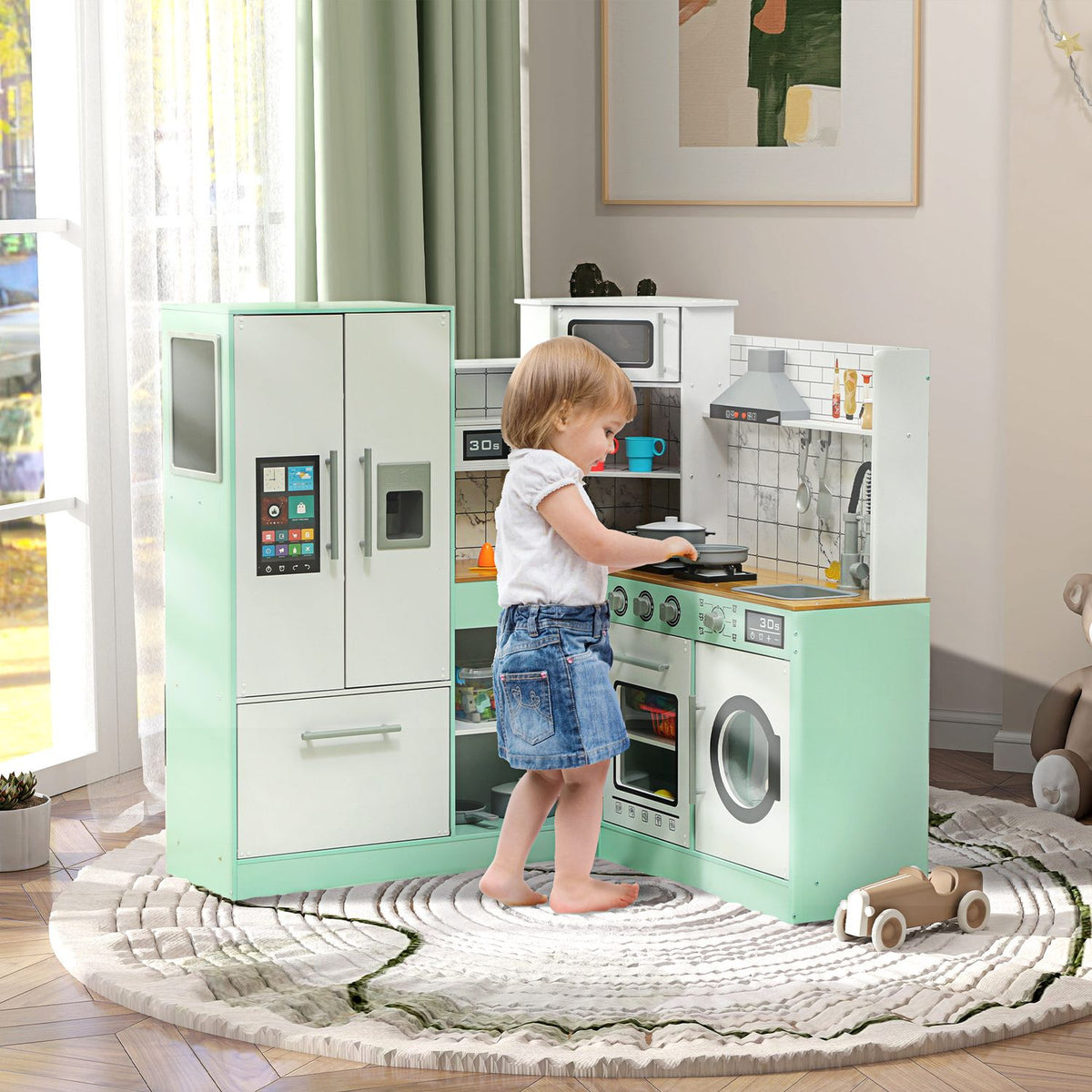 Children's kitchen, play kitchen with blackboard, extractor hood, ice maker, microwave, oven, refrigerator, realistic light and sound effects, kitchen utensils, from 3 years