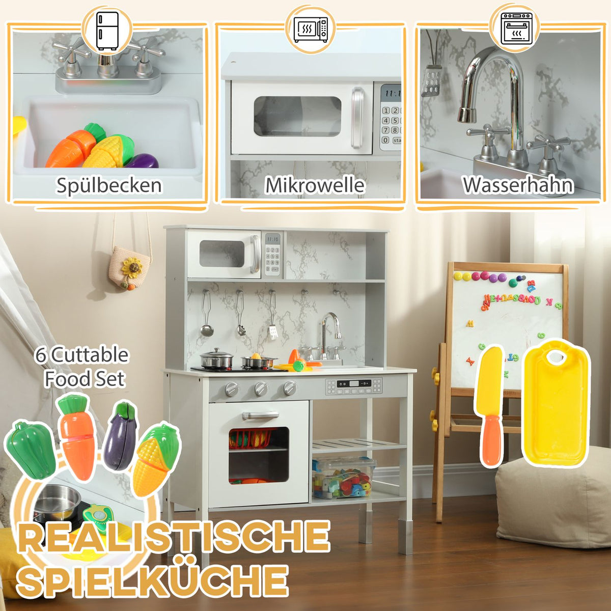 Children's kitchen play kitchen with electric stove, microwave, sink and tap, height-adjustable doll's kitchen with cookware set, role play kitchen accessories for 3-8 years children, white