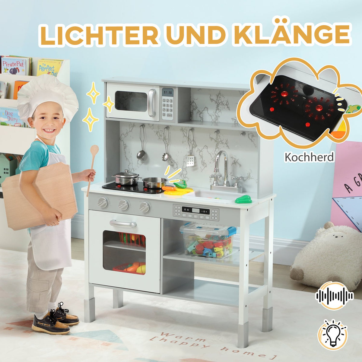 Children's kitchen play kitchen with electric stove, microwave, sink and tap, height-adjustable doll's kitchen with cookware set, role play kitchen accessories for 3-8 years children, white