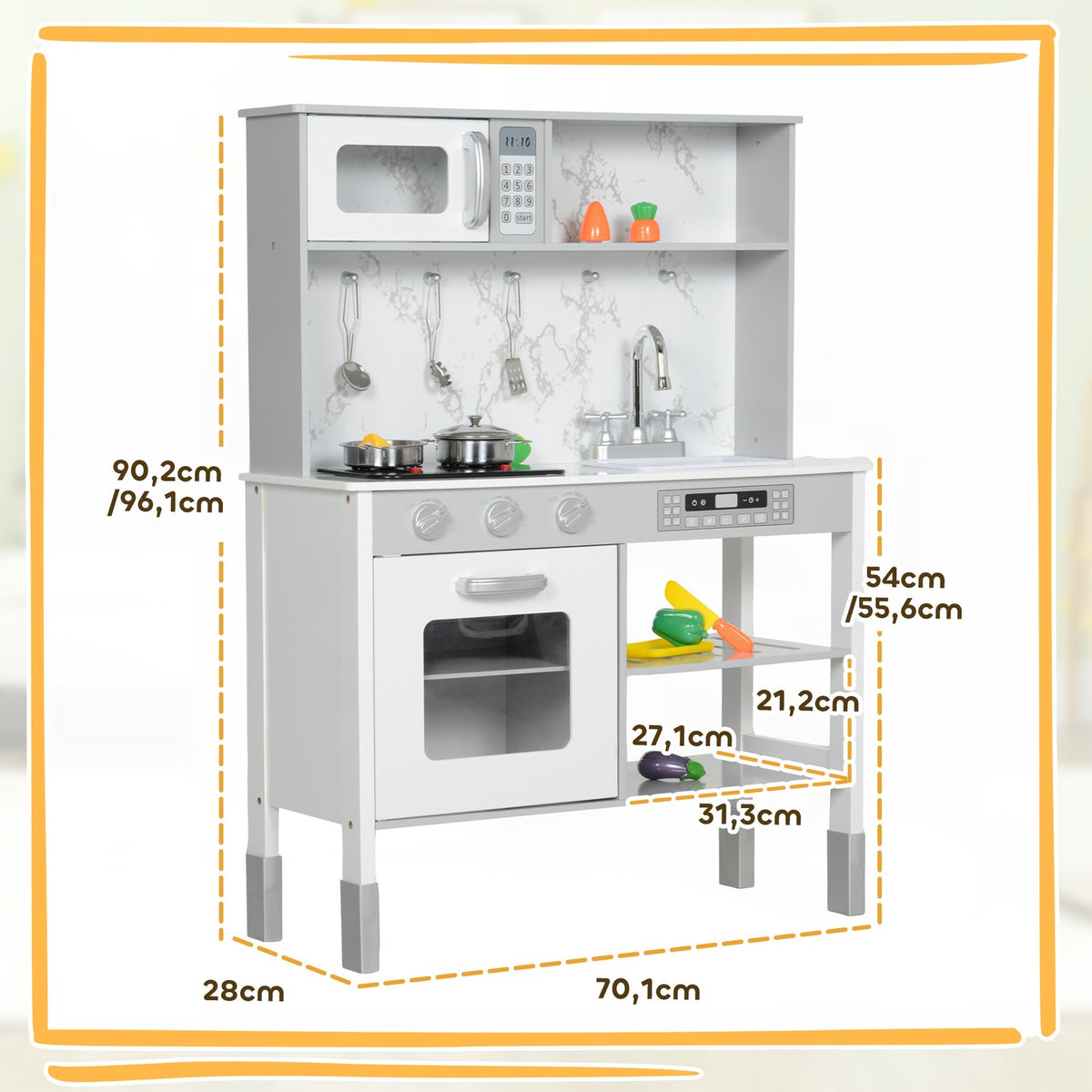 Children's kitchen play kitchen with electric stove, microwave, sink and tap, height-adjustable doll's kitchen with cookware set, role play kitchen accessories for 3-8 years children, white