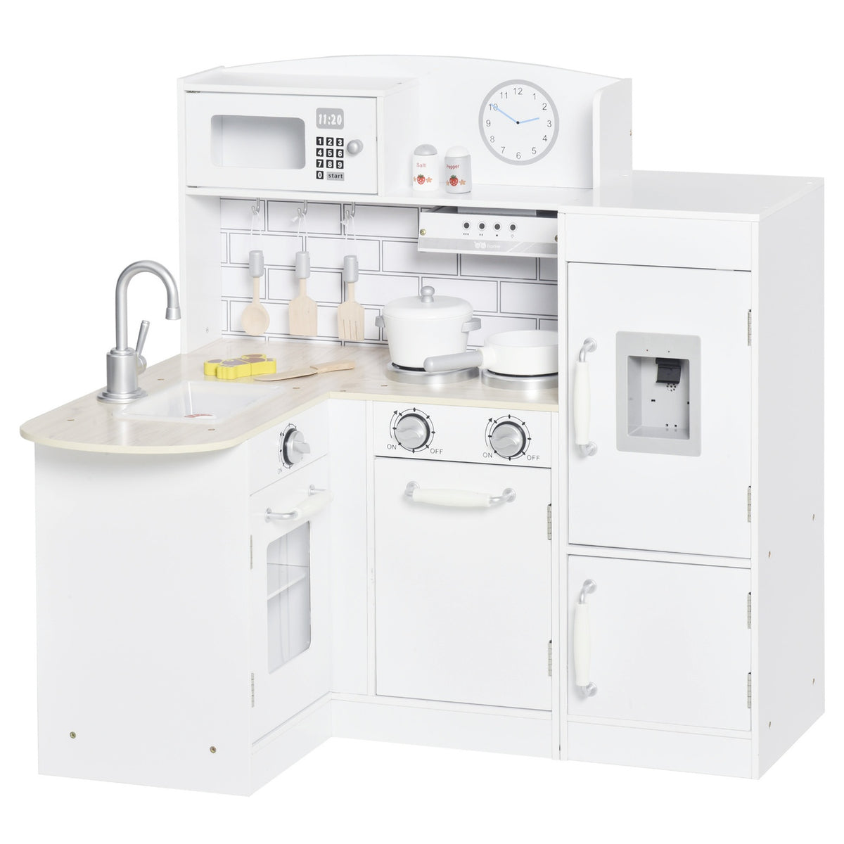 Children's kitchen play kitchen with electronic water dispenser, microwave and refrigerator, doll's kitchen with oven, cookware set, kitchen accessories for children aged 3 and over, white