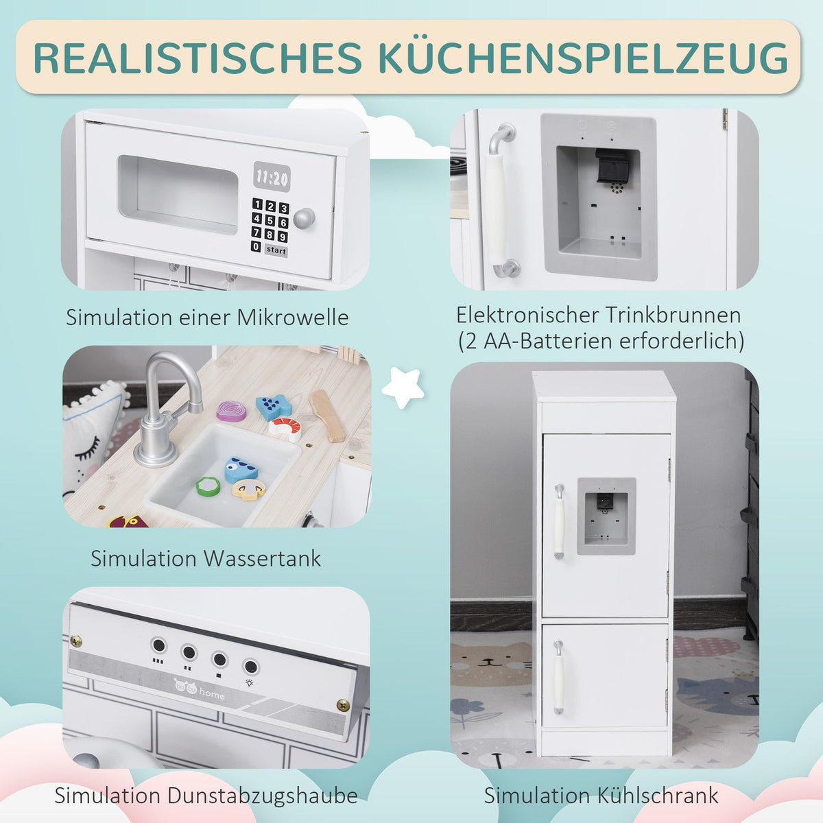 Children's kitchen play kitchen with electronic water dispenser, microwave and refrigerator, doll's kitchen with oven, cookware set, kitchen accessories for children aged 3 and over, white