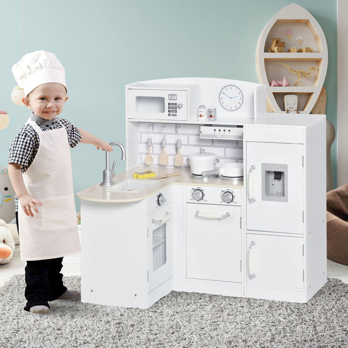 Children's kitchen play kitchen with electronic water dispenser, microwave and refrigerator, doll's kitchen with oven, cookware set, kitchen accessories for children aged 3 and over, white