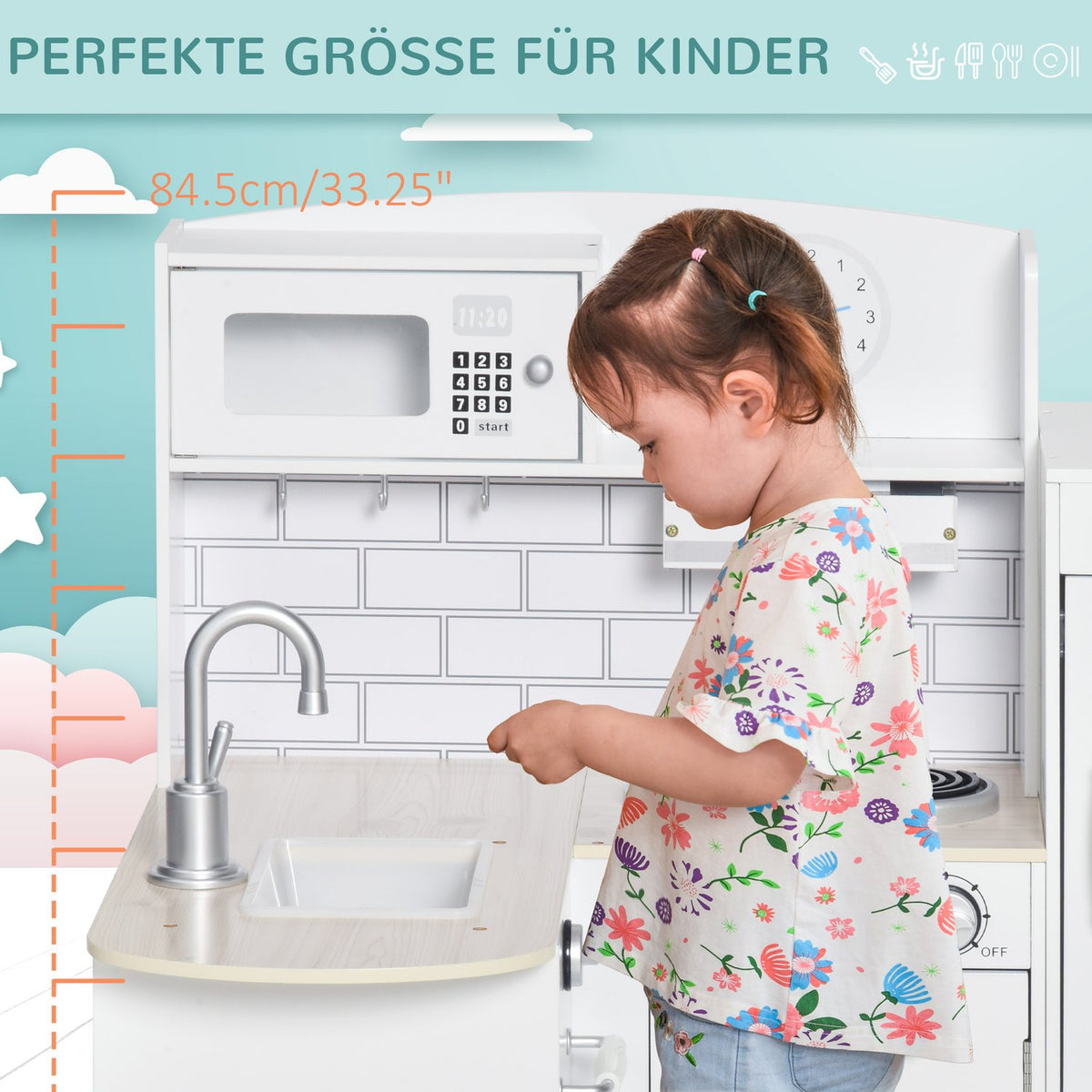 Children's kitchen play kitchen with electronic water dispenser, microwave and refrigerator, doll's kitchen with oven, cookware set, kitchen accessories for children aged 3 and over, white