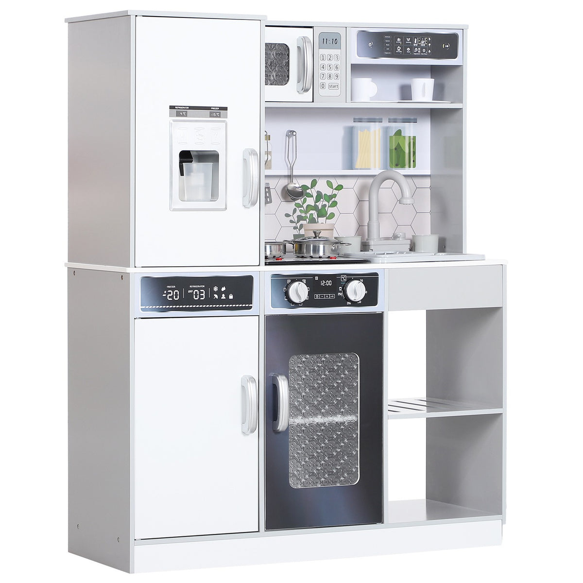 Children's kitchen play kitchen with lights and sounds cooking stove, running water, coffee maker, refrigerator, microwave, ice maker, kitchen accessories for 3-8 years children, white