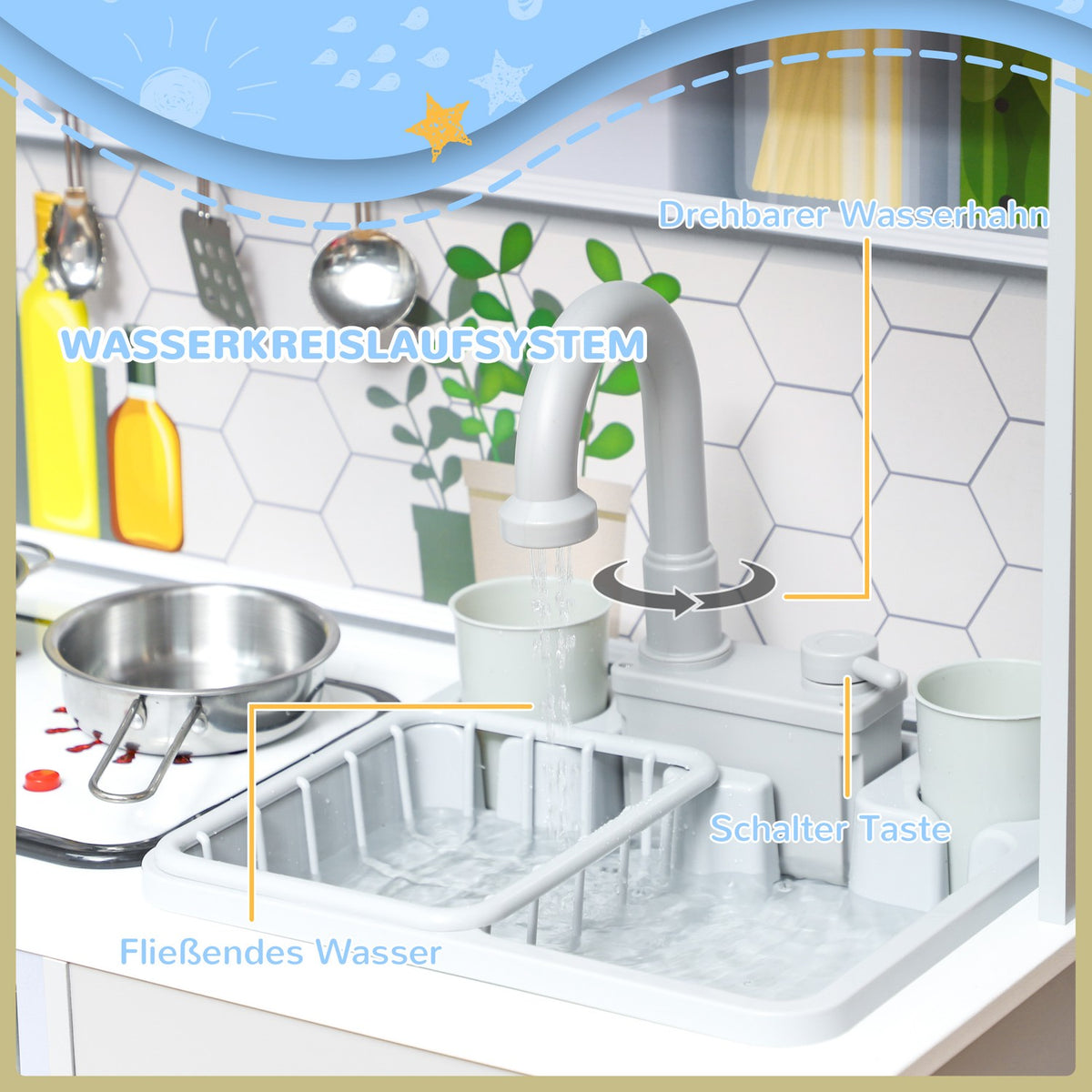 Children's kitchen play kitchen with lights and sounds cooking stove, running water, coffee maker, refrigerator, microwave, ice maker, kitchen accessories for 3-8 years children, white