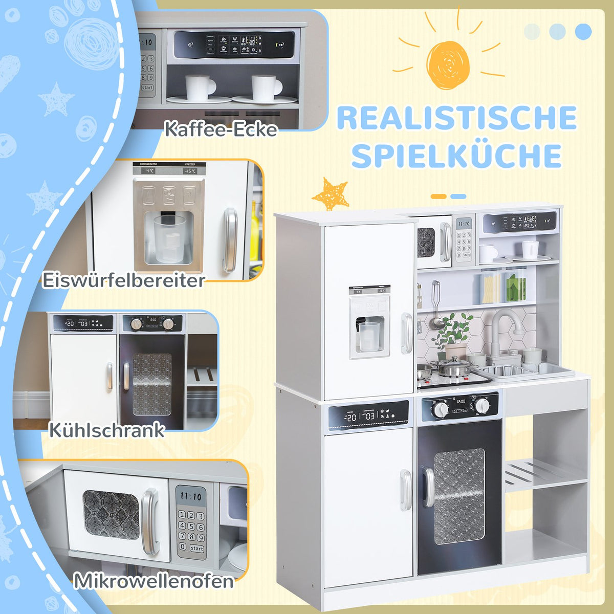 Children's kitchen play kitchen with lights and sounds cooking stove, running water, coffee maker, refrigerator, microwave, ice maker, kitchen accessories for 3-8 years children, white